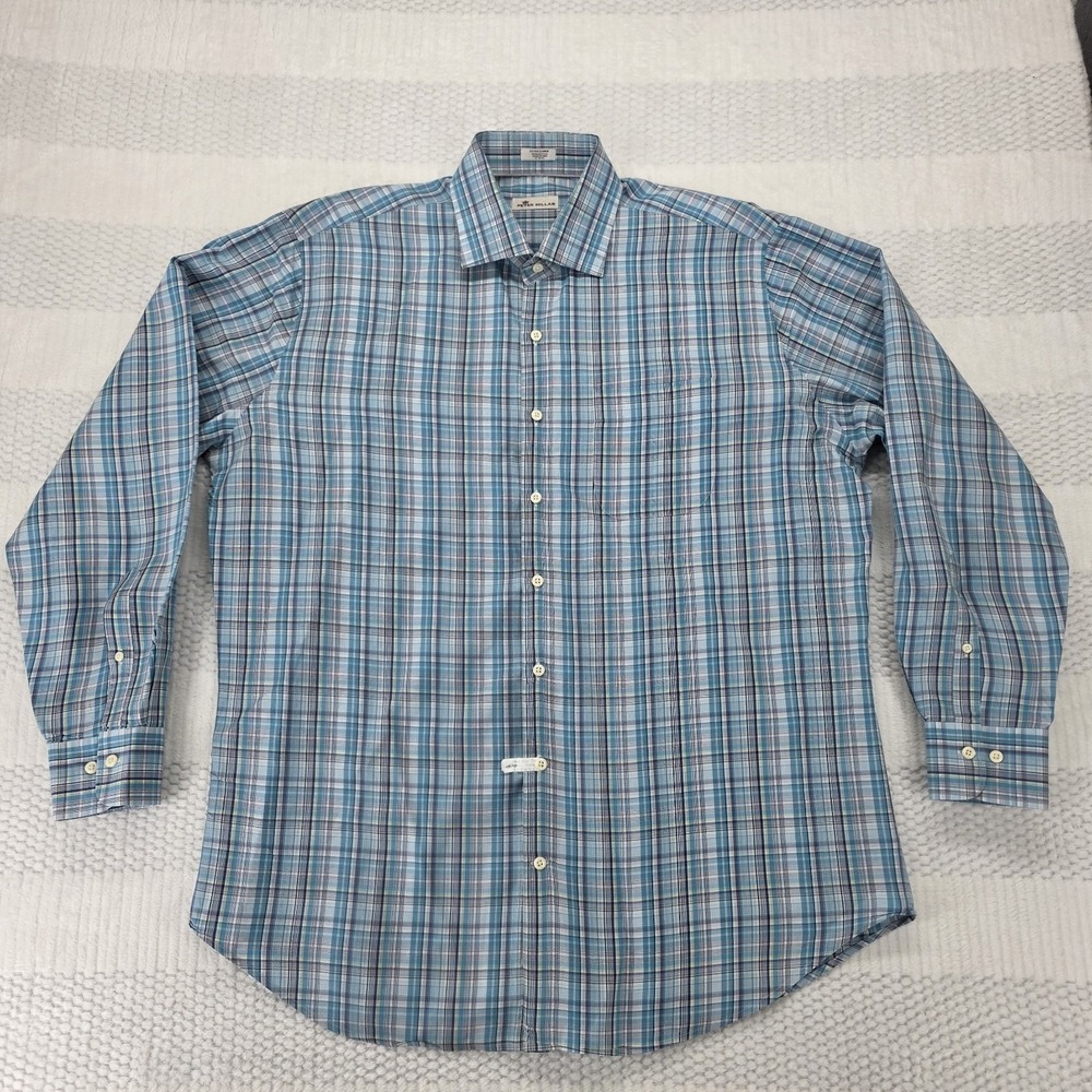 Peter Millar Button Down Mens Dress Shirt Blue Plaid Extra Large XL Dry Cleaned